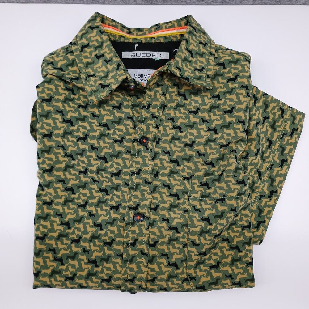 Sueded by Geometrix Mens M Button Down Shirt Dachshund Dog Geometric Print SS